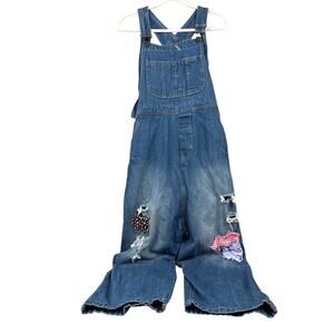 Montharigin Womens L Blue Patchwork Denim Overalls Western Boho Chic Jeans
